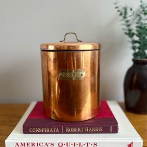 VINTAGE Copper “Biscuits” Canister – Brass Label, Rustic Patina